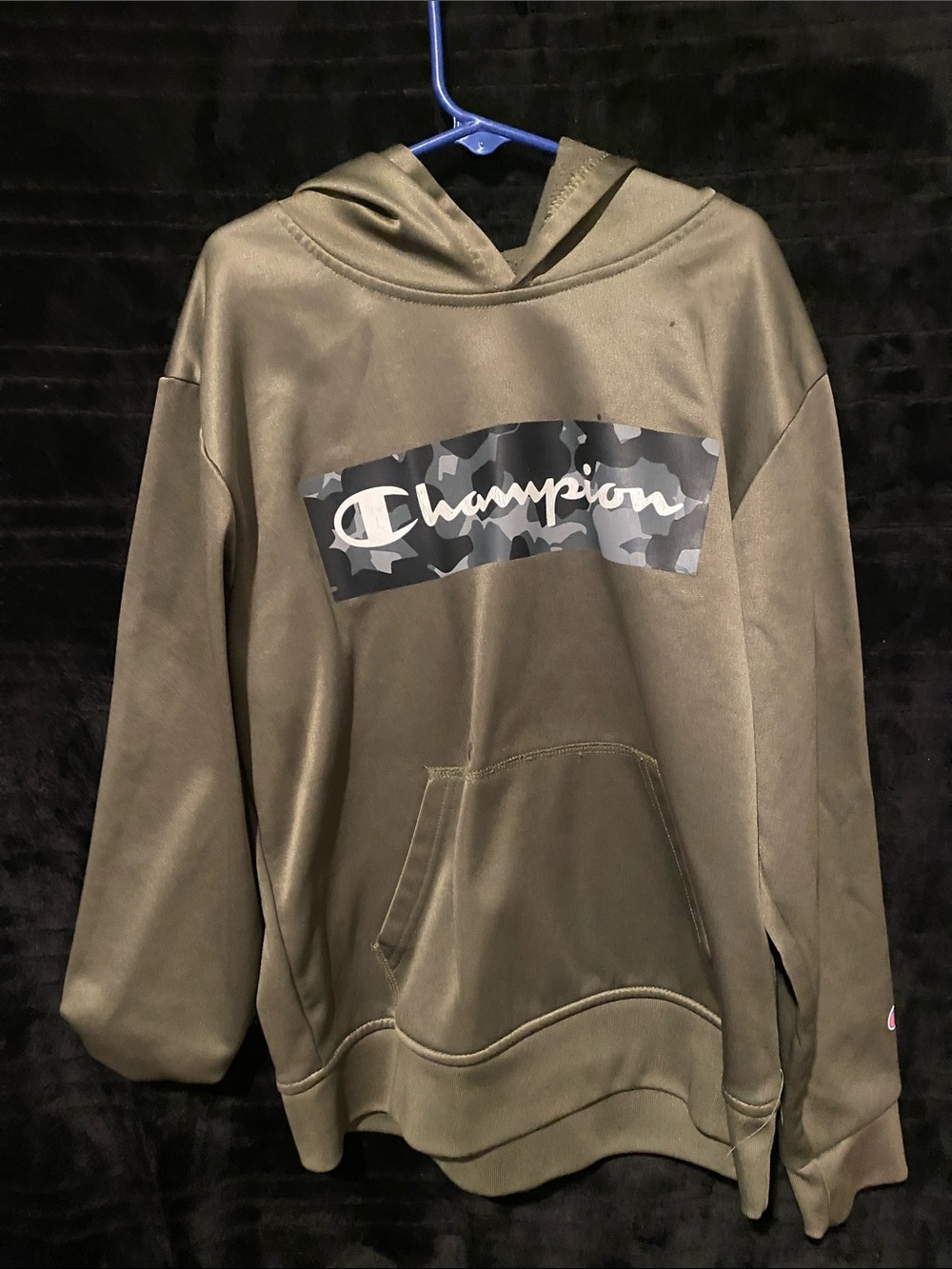 Champion Olive Green Crewneck Hoodie with Camo Logo Panel